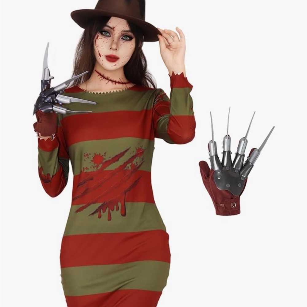 Striped Halloween Costume Dress with Claw Gloves